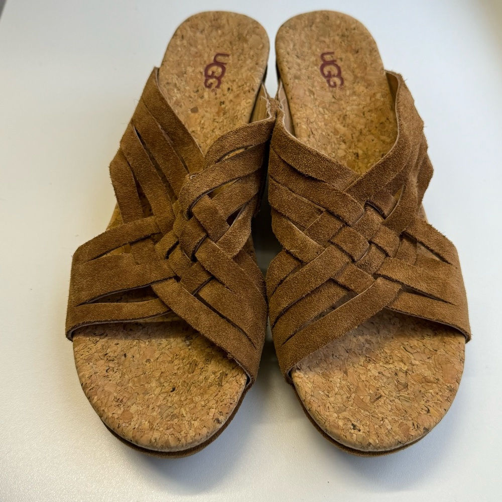UGG Lilah soft suede wedge slip-on open toe sandal, chestnut brown, Size 8, EUC